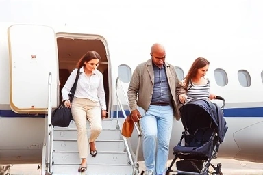 Family traveling with a compact carry-on stroller, boarding airplane.